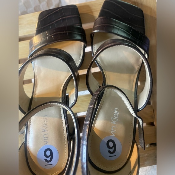 Calvin Klein 9 M, Dark Brown Sheryl Ankle Strap, Block Heel, Squared Toe Sandals - Picture 9 of 16